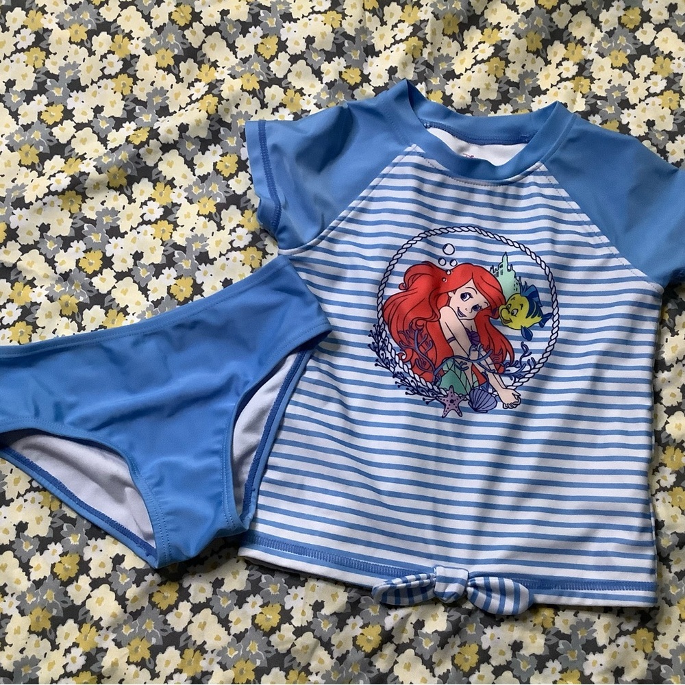 Disney Little Mermaid Blue Striped Rash Guard Bikini Set Y2K
